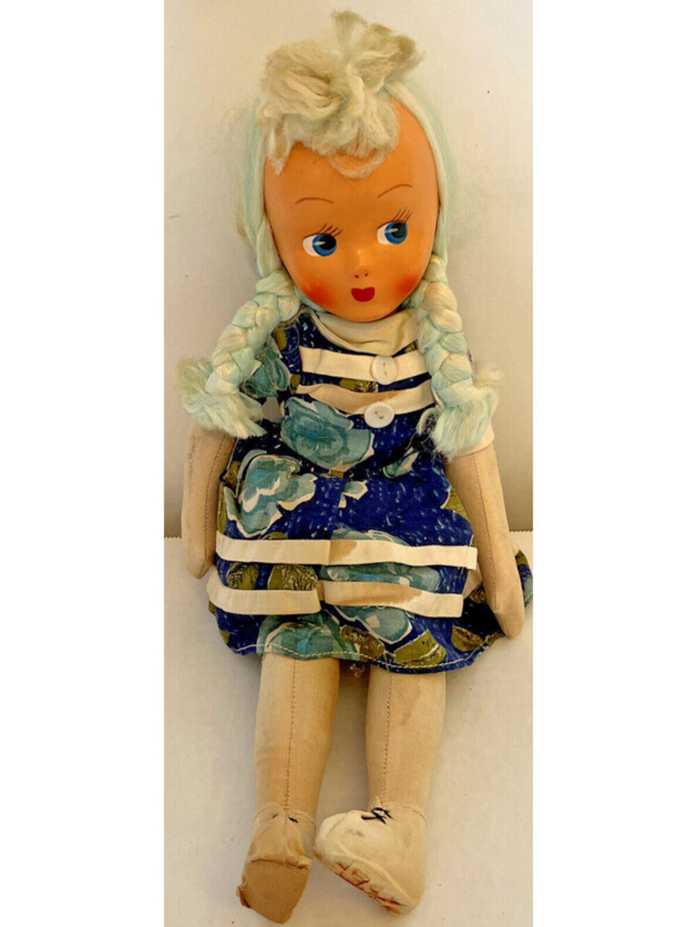 Vtg 1940's SUTTON & Sons CLOTH DOLL Blue Floral Dress BlueBraids 16” Handpainted